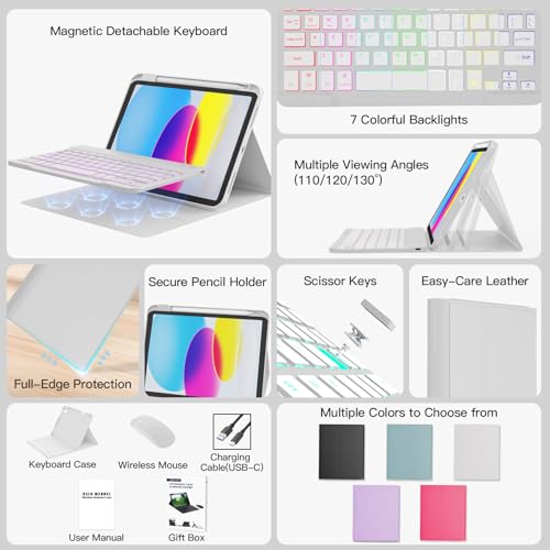 Image of RAYMCRAFT for iPad 11th (A16, 2025) / 10th Generation Case with Keyboard, Mouse and Detachable Wireless Keyboard, 7-Color Backlight, Slim Case with Pencil Holder, White