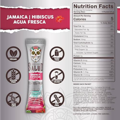 Image of Salud 2-in-1 Energy Drink Powder + Focus, Hibiscus, Organic Caffeine, B6 + B12, Theanine, Clean Energy Drink Packets, Jamaica Agua Fresca Mix, Non-GMO, Gluten Free, Vegan, 1g of Sugar, (15 Servings)