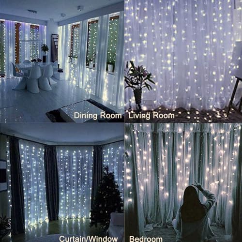 Image of One94Store Fairy Curtain String Lights for Wall Decoration, USB Powered 300 LED's, 8 Flashing Modes, Window Backdrop Lights for Bedroom, Party, Diwali, Christmas - (3x3 Meter) White