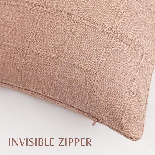 Image of Foindtower Set of 1 Decorative Linen Check Throw Pillow Cover Neutral Farmhouse Vintage Cushion Cover Modern Boho Accent Home Decor for Sofa Chair Couch Bedroom Living Room,18x18 Inch,Coral Pink