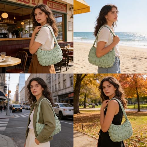 Image of Puffer Tote Bag, Small Tote Purse Lightweight for Everyday Hobo Handbag | quilted nylon, crescent puffy, soft & stylish, easy match, work /travel, roomy