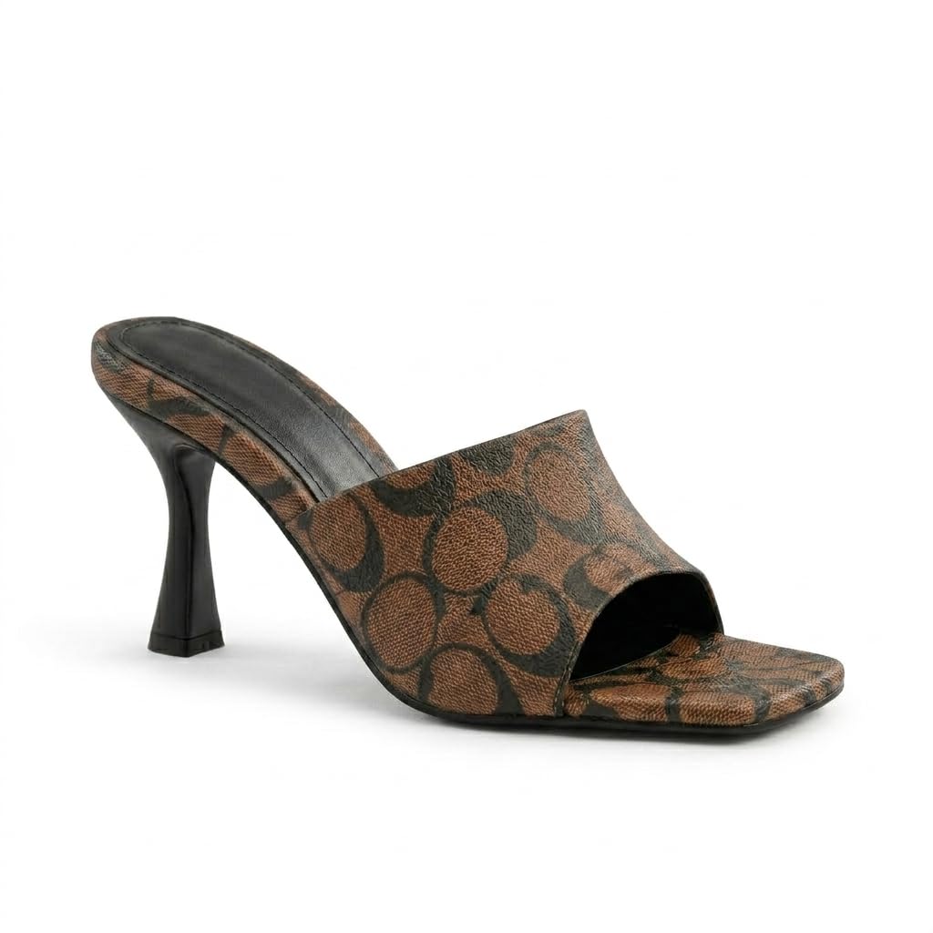 Women's Monogram Print High Heel Mule Sandals, Open Toe Slip-On Fashion Heeled Sandals for Party, Wedding, Casual & Evening Use V18-1310-V18-1335-image-45