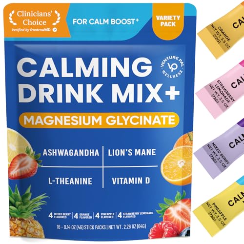 Venture Pal Calming Powdered Drink Mix, Magnesium Glycinate, Ashwagandha, L-Theanine,Vitamin D, Lions Mane, Sugar Free Magnesium Supplement Blend for Relax & Focus, Non GMO, Vegan, On The Go