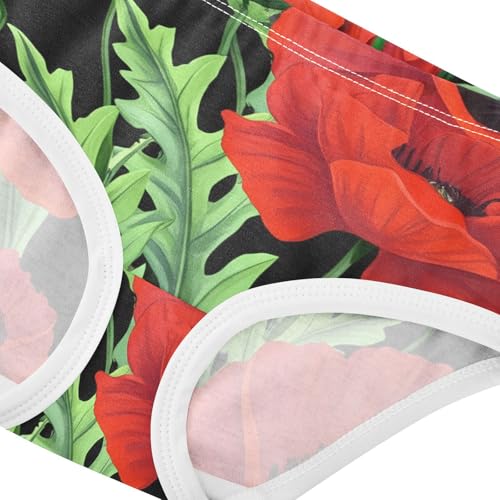 Cotton Toddler Underwear Floral Red Poppy Flowers Green Leaves Black Little Girl Panties Bright Briefs Undies Kids 2t4