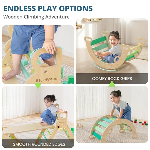 Image of BlueWood Pikler Triangle Set, Toddler Wooden Climbing Toys Indoor 7in1 Foldable Climber for Kids, Montessori Philosophy Play Jungle Gym with Arch, Ramp, Ladder (Green Summer)