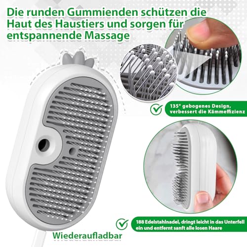 Katzenbürste mit Dampf & Auslöseknopf, Wiederaufladbar Dampfbürste von Katze Hunde, Spray Haustierhaar Bürste, Massage Steamer Kamm für Langhaar und Kurzhaar zum Entfernen Losem Fell und Schmutz