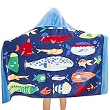 Hazure Hooded Towel for Kids, 100% Premium Cotton, Use for Children Bath Beach and Pool, Extra Large Size 31X51 inches, Ultra Breathable and Soft for All Seasons, Cute Cartoon Theme (Bottom Fish)