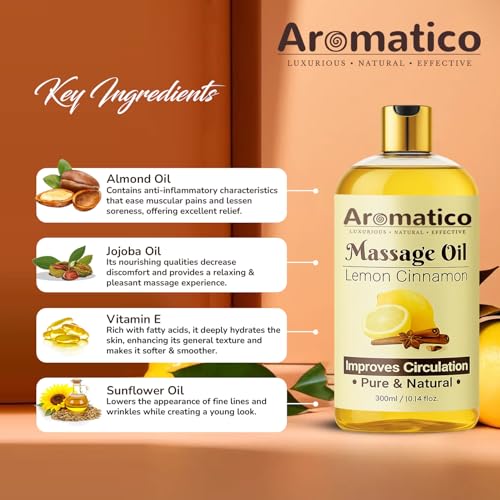 Image of AROMATICO Lemon Cinnamon Massage Oil. Romantic Oil for Passionate Evenings - 300ml. Intimate Full Body Massage Oil for Couples. Non-sticky, Made of Only Natural Ingredients