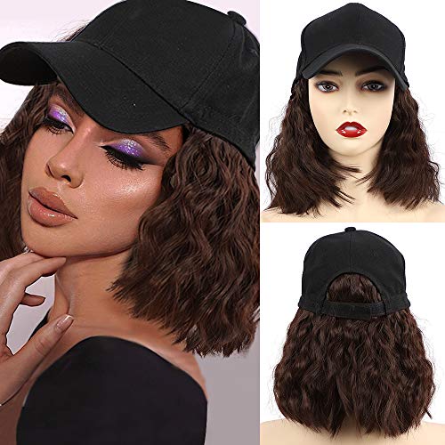 CHRSHN Hat Wig with Hair for Women Short Wave Baseball Cap Wig with Hair Dark Brown Hair Extensions Synthetic Wave Wig Hat Adjustable Black Baseball Hat Wig