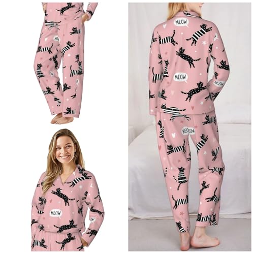 Image of Women'S Long Sleeve Pajama Set Soft Loungewear Button-Down Top & Elastic Waist Pants S- 2XL