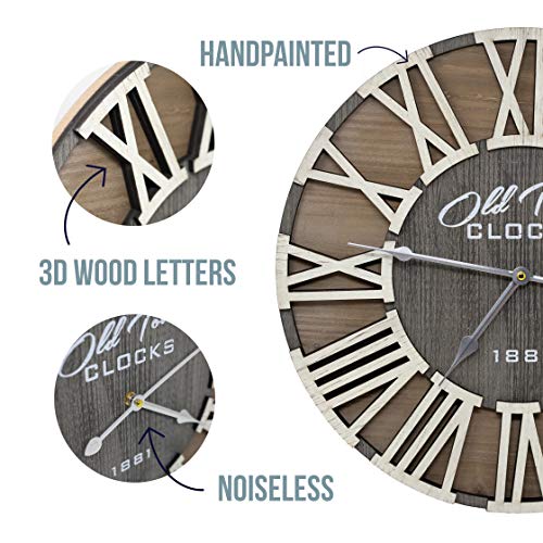 Oldtown Clocks 30" Rustic Farmhouse Roman Wooden Wall Clock Silver Hands (Whitewood Lettering, 30 Inch) #TOP1