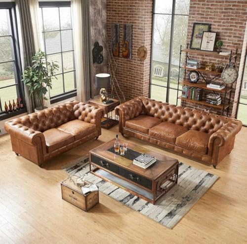 Image of Modern Classic Chesterfield 5 Seater Sofa Set, Premium Brown Leatherette Couch with Button Tufting for Living Room and Office, 3+2 Configuration