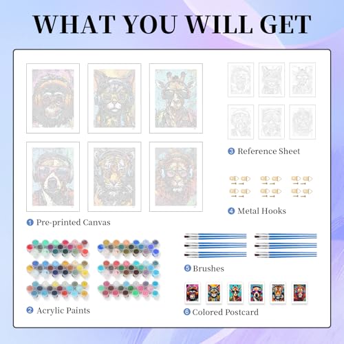 Image of Okarina 6 Pack Paint by Numbers Kit for Adults Beginner, Animals Adult Paint by Number Kits on Canvas Without Frame, Animal DIY Acrylic Oil Painting by Numbers Kits, Perfect for Home Decor 10x14 Inch