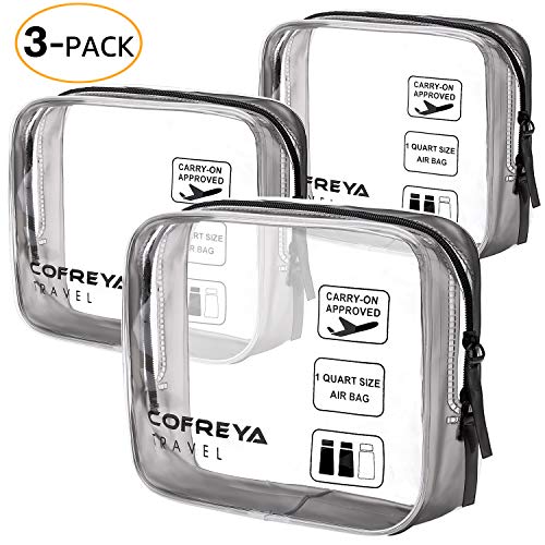 TSA Approved Clear Travel Toiletry Bag,Quart Sized Travel Size Toiletries, Portable Travel Accessories with Zipper Airline Compliant Bag | Carry-On Luggage Backpack for Liquids/Bottles (3 Packs)