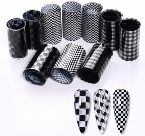 1 Box Plaid Nail Foil Transfer Stickers Decals, Print Black White Plaid Nail Art Sticker DIY Decals Decorations for Home and Nail Salon