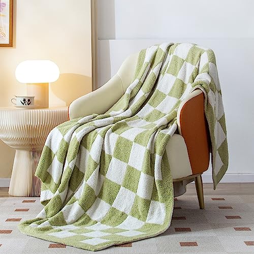 SeaRoomy Ultra Soft Blanket Queen Size Checkered Blanket (Sage Green, 90×90in) Microfiber Cozy Fluffy Warm Knitted Checkerboard Bed Blanket for All Seasons Green Bed Decor Best Gift Idea
