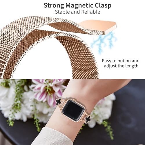 Joyozy Slim Metal Band Compatible with Apple Watch Band 38mm 40mm 41mm 42mm 44mm 45mm 46mm 49mm Skinny Magnetic Strap with Bling Charms, Cute Stainless Steel Band, Dressy Thin iWatch Bracelet for Women