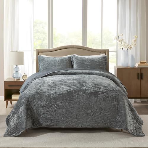 Travan Velvet Quilt Set Queen with 2 Shams, Gray