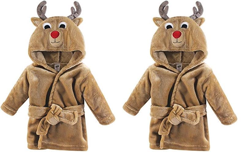Image of Hudson Baby Unisex Baby Plush Animal Face Bathrobe, Boy Reindeer, 0-9 Months (Pack of 2)