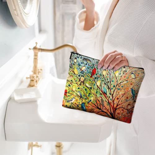 Cute Makeup Bag For Purse Canvas Waterproof Funny Cosmetic Bags For Women Zipper Travel Toiletry Pouch-Tree Bird Oil Painting Makeup Bags #TOP1