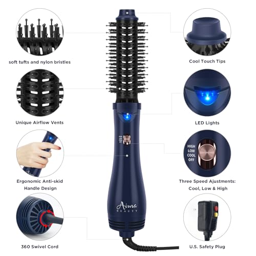 Hair Dryer Brush, Aima Beauty 4-in-1 Upgrade Hot Air Straightener Curler Function for Women, Hair Styling Tools, Prussian Blue-Round