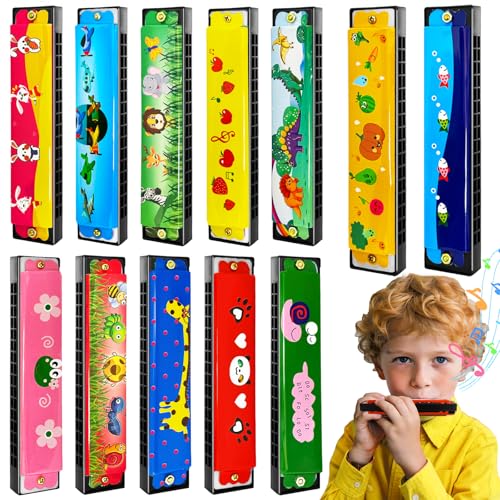 12Pcs Kids Harmonicas,16 Holes Cartoon Harmonica Toy with Double Row for Toddlers,Beginners,Musical Instrument,Easter Party Favors,Outdoor Hunt Game Prize Goodie Bags