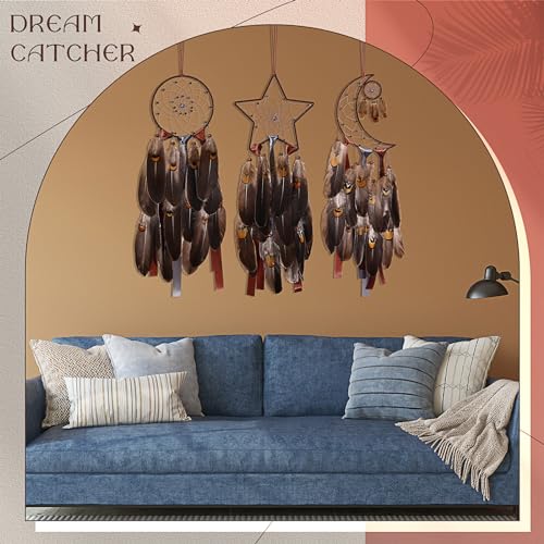 Jetec 3 Pcs Dream Catcher Moon Sun Star Design Handmade Traditional Design Craft Ornament Wall Art Hanging Home Decoration Bedroom Wedding(Brown) - Image 6