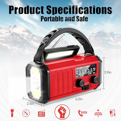 Image of 10000mAh Emergency Crank Radio, NOAA /AM /FM Weather Radio, Type-C Charge,Solar Charging,SOS, 3 Modes LED Torch, Reading Lamp, Compass for Outdoor Survival (Red)