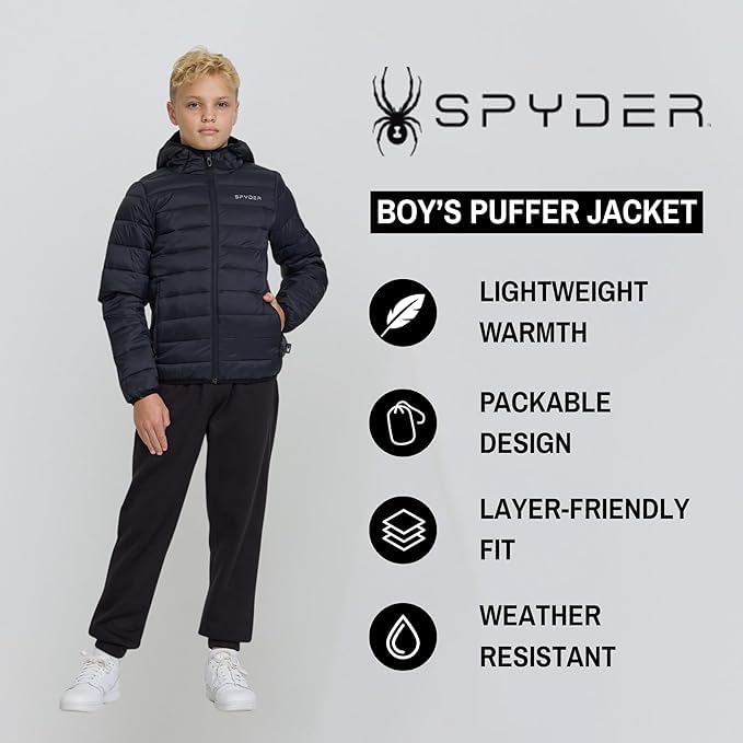 Image of Spyder Boys Puffer Jacket - Lightweight Packable Wind Water Resistant Quilted Boys Winter Coat - Cozy Insulated Winter Jacket