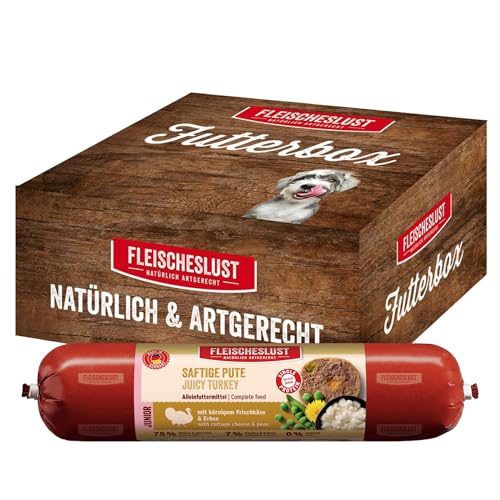 Fleischeslust Futterbox Junior Saftige Pute (8x400g) Hundewurst Alleinfutter, Nassfutter-Wurst schnittfest & getreidefrei, Hundefutter für Junge Hunde