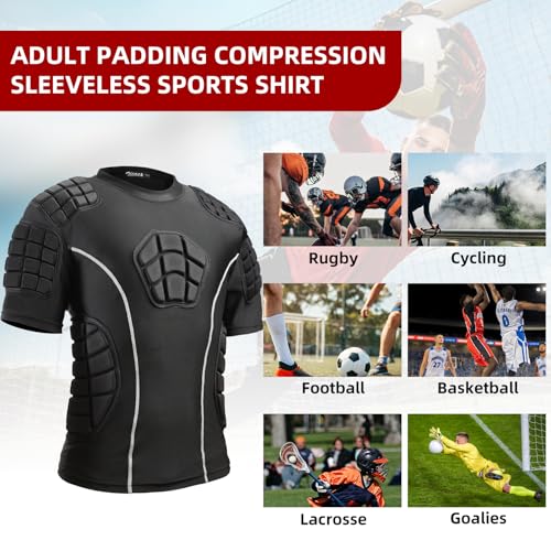 Zicac Padded Compression Shirt 7-Pads Football Rib Protectors Padded Shirt Chest Protective Gear Sports Rash Guards for Football Rugby Baseball (Black Grey, Medium)