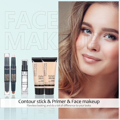 All in One Makeup Kit for Women Full Kit Includes 20 Colors Eyeshadow Palette Foundation & Face Primer, Makeup Brush Makeup Sponge, Eyebrow Soap, Winged Eyeliner Stamp Gift Set for Women, Girls & Teen