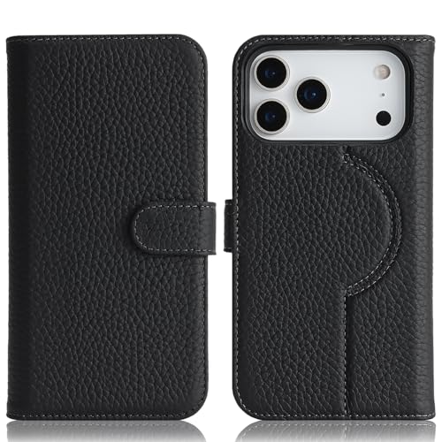 Image of Detachable Genuine Leather Case for iPhone 17 Pro Max Wallet Case Magnetic 2in1 Removable Flip Cover Book Purse Compatible with Magsafe Charging Kickstand Card Holder-Black