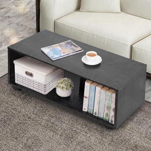 Image of ABOUT SPACE Coffee Table - Center Table for Living Room with Wheels, Engineered Wood Rectangle Tea Table with Storage, Teapoy for Hall Lounge Office - Black Mahogany (L 80 x B 40 x H 41.5 cm)