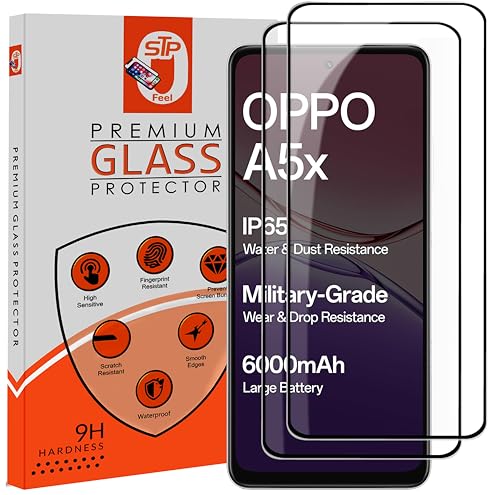 Image of STP FEEL Premium Tempered Glass Screen Protector Guard Compatible For Oppo A5x 5G (6.67 Inch, Pack of 2) | Edge to Edge Coverage With Easy to installation kit for Smartphone