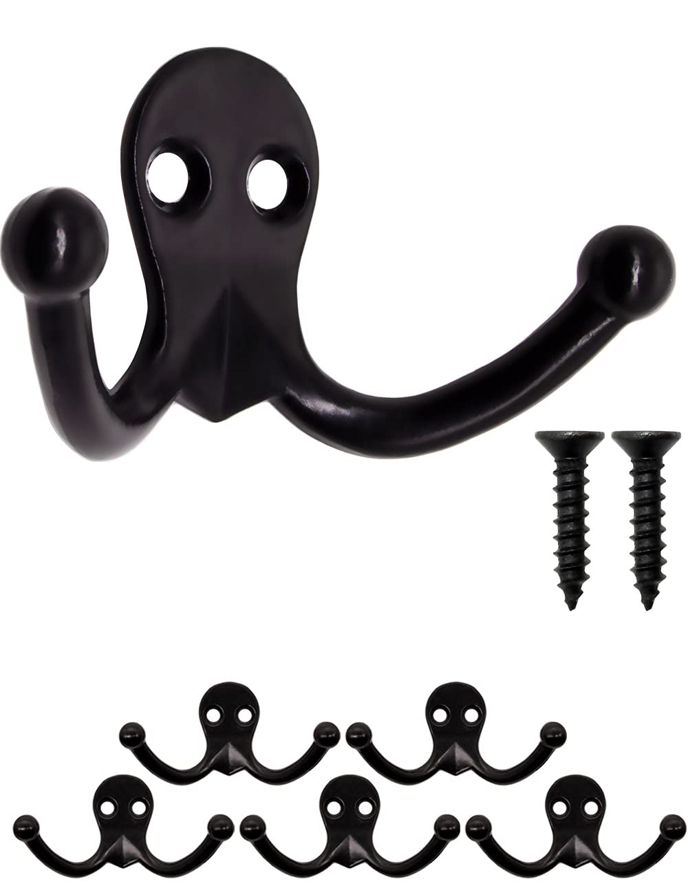 FUXXER® - Solid Antique Double Hooks, Coat Hooks, Towel Hooks, Clothes Hooks, Iron Hooks, Brass Bronze Design, Vintage Country House Retro, Set of 5