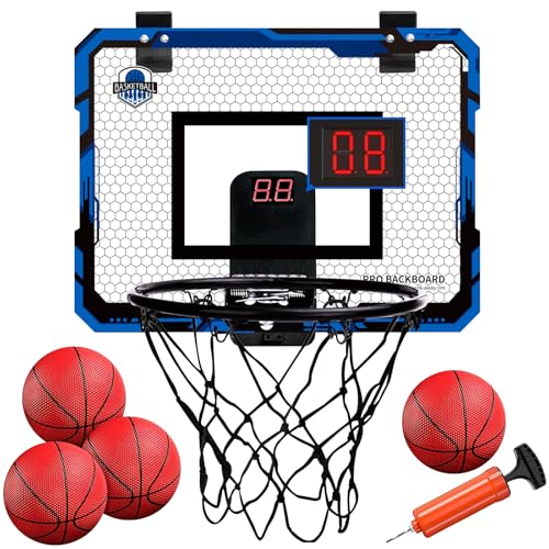 Canasta Baloncesto Infantil,Mini Canasta de Baloncesto Interior,con puntuación automática,4 Pelotas,2 Redes,Aro Baloncestos Interior Exterior Pared para de 5 6 7 8 9 10 11 niños niñas（Azul）