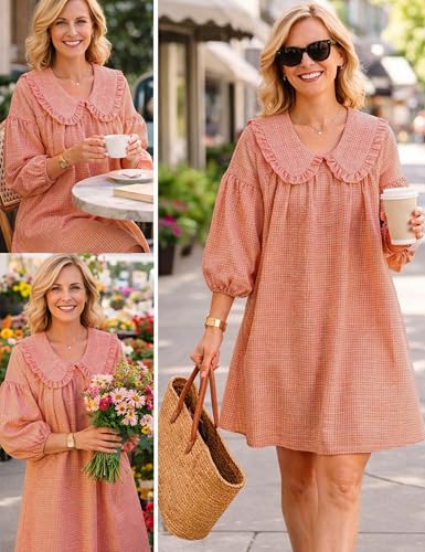 Image of Ynhonra Women's Gingham Mini Dress 3 /4 Puff Sleeve Babydoll Doll Collar