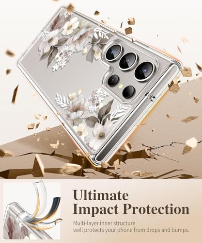 Image of Elzzi Clear Transparent Case for Samsung S24 Ultra Cover Shockproof Floral Design Full Camera Protection Shockproof PC+TPU Covers Transparent Flower Cover for Girls & Women 2024 6.8 inch (Grey)