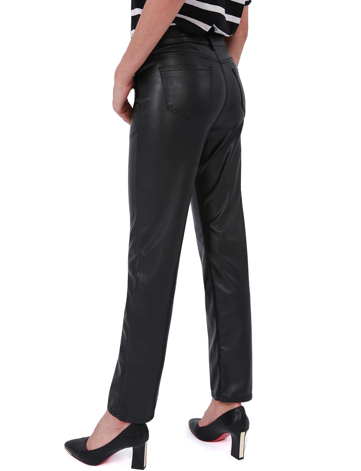 Balleay Art Faux Leather Pants for Women, Straight Leg Mid Waist Butt Lift Elastic Black Pants with 5 Pockets