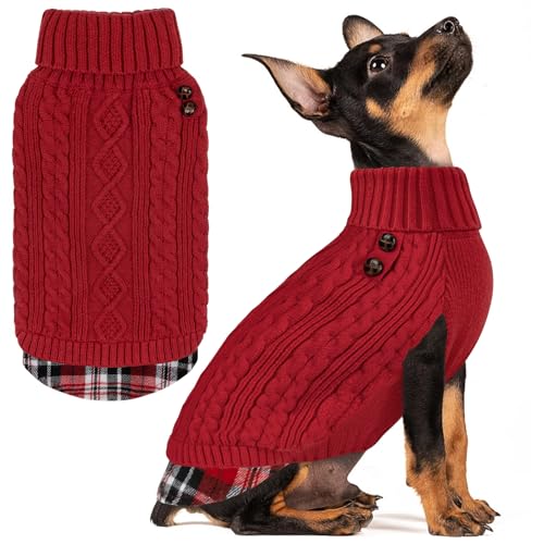 Image of KYEESE Dog Sweater for Small Dogs Turtleneck Thick Knit Pullover | Stretchy Fit, Lightweight & Warm, Cozy Knit Comfort, Classic Plaid Design, Gentle on Sensitive Skin, Winter Daily Wear