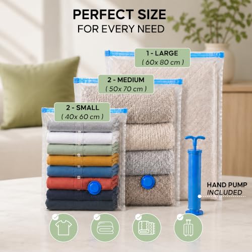 Image of DALUCI Vacuum Bags for Clothes with Pump, Vacuum Storage Bags, Space Saver Compression Bags, Airtight Reusable Vacuum Packing Bags for Travel, Blanket, Bedding & Quilt Storage, Pack of 5
