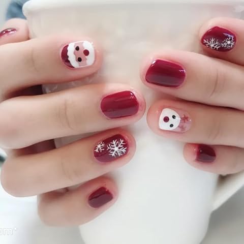 Diduikalor Christmas Oval Press On Nails Short Fake Nails Red Santa Elk Snowflake Design False Nails Acrylic Glue On Nails Reusable Stick On Nails For Women（24PCS） Cover