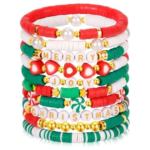 LUYI 10 PCS Christmas Bracelets for Women Holiday Friendship Heishi Surfer Bracelets Disc Clay Beaded Stretch Bracelets Christmas Jewelry Gifts Party Supplies Decor Cover