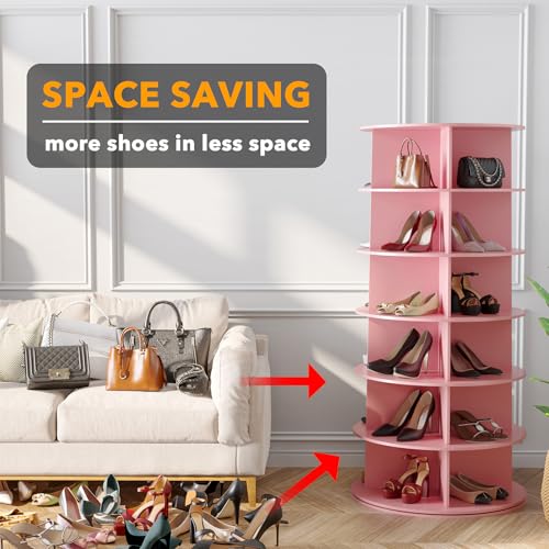 SpaceAid 6 Tier Rotating Shoe Rack Tower, Spinning Shoe Display Lazy Susan, Revolving 360 Shoe Rack Storage Round Carousel, Vertical Handbag Rotate Shoes Closet Organization (6-Tier Pink)