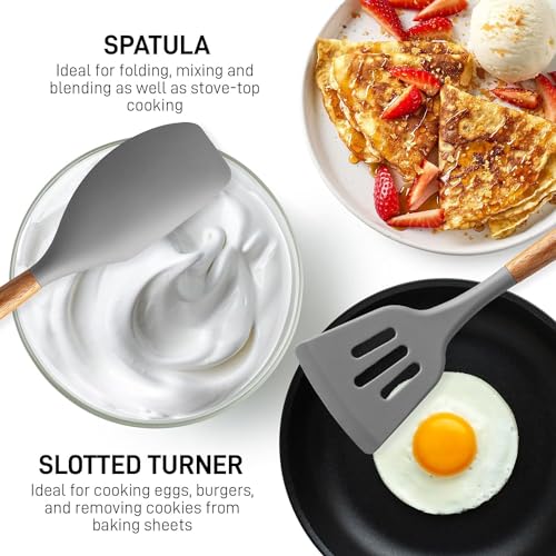 Image of Baskety Kitchen Utensil Set of 5 PCS Non Stick Silicone Cooking Utensils with Wood Handles Cookware Spatula Spoon Set BPA Free Best Kitchen Tool Set Gift-Heat Resistant Tools.