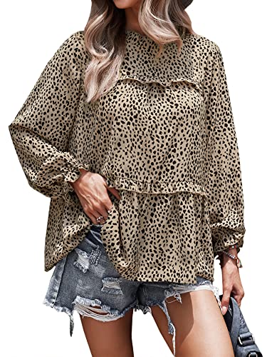 Vaiaye Long Sleeve High Neck Tunic Chiffon Floral Leopard Printed Blouses Womens Boho Ruffle Tops Green