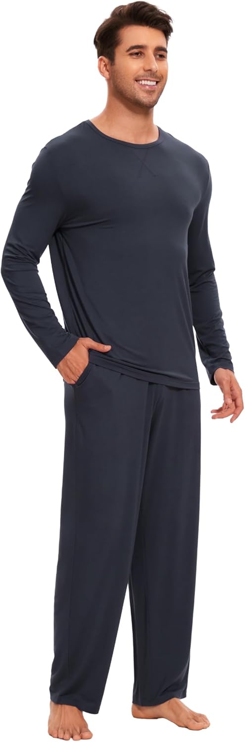 GYS Bamboo Viscose Men's Pajama Sets Long Sleeve Crew Neck Lounge Set with Pockets - Image 4