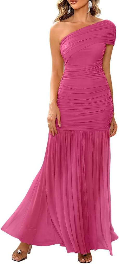 LAGSHIAN Women's One Shoulder Sleeveless Ruched Maxi Dress - Elegant Formal Evening Bodycon Gown