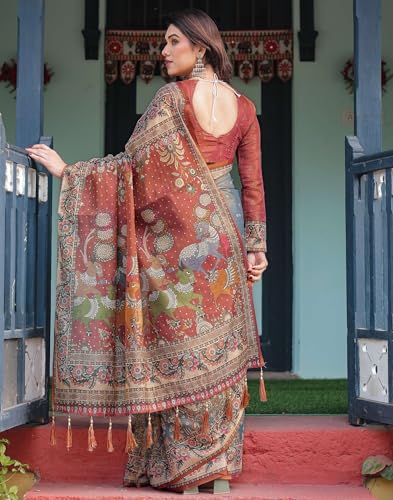 Image of SIRIL Women's Cotton Linen Printed Handloom Saree with Unstitched Blouse Piece